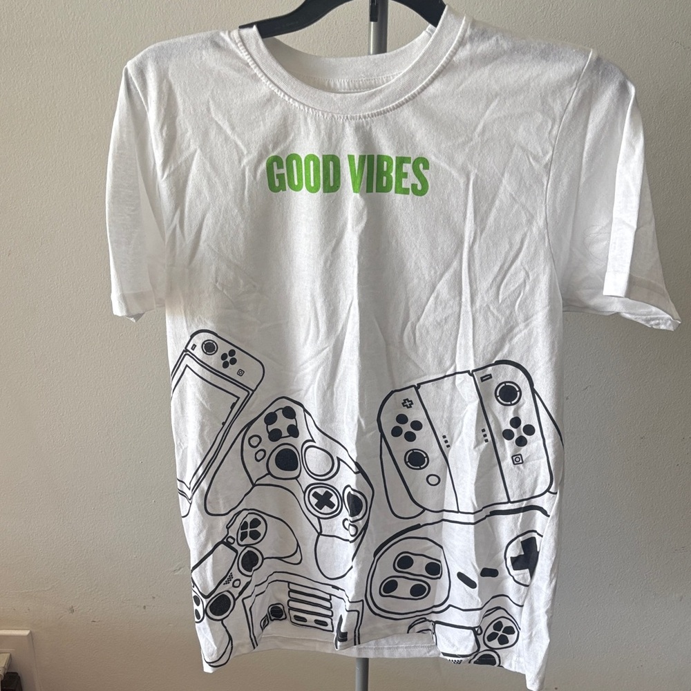 Boys L (14/16) Gaming Controllers Graphic Tee - White with Green Text